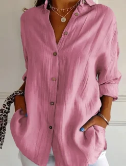 New Women's Shirt Linen-Inspired Shirts Button Up Blouse Solid Color Basic Casual Long Sleeve Shirt Collar Regular Tops Daily Buttons White Pink Blue Spring Fall Women Shirts