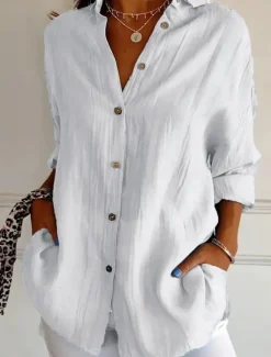 New Women's Shirt Linen-Inspired Shirts Button Up Blouse Solid Color Basic Casual Long Sleeve Shirt Collar Regular Tops Daily Buttons White Pink Blue Spring Fall Women Shirts