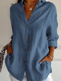 New Women's Shirt Linen-Inspired Shirts Button Up Blouse Solid Color Basic Casual Long Sleeve Shirt Collar Regular Tops Daily Buttons White Pink Blue Spring Fall Women Shirts