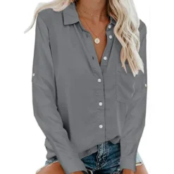 Best Women's Shirt Linen-Inspired Shirts Button Up Blouse Plain Elegant Business Basic Long Sleeve Shirt Collar Regular Tops Work Daily Weekend Black White Gray Fall & Winter Women Shirts