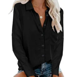Best Women's Shirt Linen-Inspired Shirts Button Up Blouse Plain Elegant Business Basic Long Sleeve Shirt Collar Regular Tops Work Daily Weekend Black White Gray Fall & Winter Women Shirts