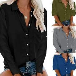 Best Women's Shirt Linen-Inspired Shirts Button Up Blouse Plain Elegant Business Basic Long Sleeve Shirt Collar Regular Tops Work Daily Weekend Black White Gray Fall & Winter Women Shirts