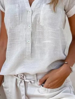 Women's Shirt Linen-Inspired Shirts Button Up Blouse Solid Color Stylish Casual Short Sleeve V Neck Regular Tops Daily Buttons Pocket Black White Pink Khaki Light Blue Summer Spring Women Shirts