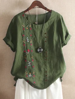 Outlet Women's Shirt Linen-Inspired Shirts Blouse Floral Casual Short Sleeve Crew Neck Regular Tops Vacation Daily Embroidered Summer Women Shirts