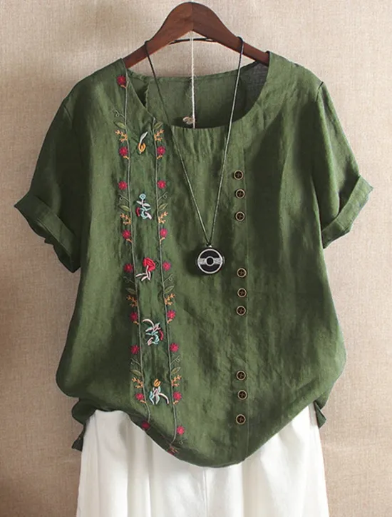 Outlet Women's Shirt Linen-Inspired Shirts Blouse Floral Casual Short Sleeve Crew Neck Regular Tops Vacation Daily Embroidered Summer Women Shirts
