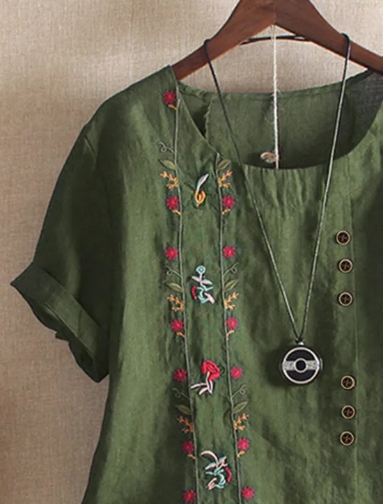 Outlet Women's Shirt Linen-Inspired Shirts Blouse Floral Casual Short Sleeve Crew Neck Regular Tops Vacation Daily Embroidered Summer Women Shirts