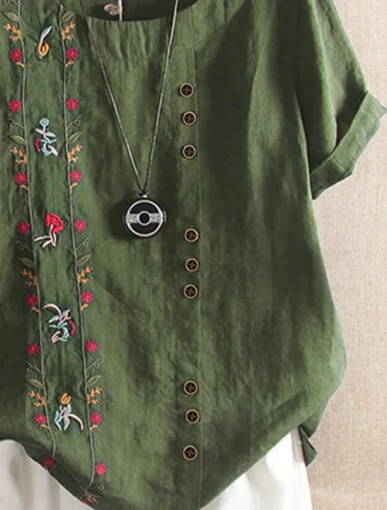 Outlet Women's Shirt Linen-Inspired Shirts Blouse Floral Casual Short Sleeve Crew Neck Regular Tops Vacation Daily Embroidered Summer Women Shirts