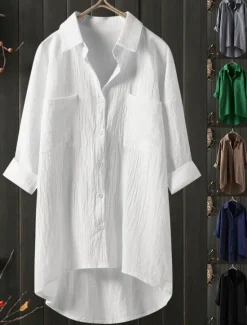 Discount Women's Shirt Linen-Inspired Shirts Button Up Blouse Plain Vintage Casual Long Sleeve Shirt Collar Casual Daily Weekend Patchwork Black White Blue Green Khaki Women Shirts
