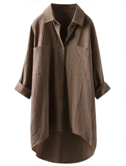 Discount Women's Shirt Linen-Inspired Shirts Button Up Blouse Plain Vintage Casual Long Sleeve Shirt Collar Casual Daily Weekend Patchwork Black White Blue Green Khaki Women Shirts