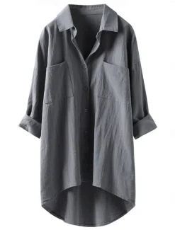 Discount Women's Shirt Linen-Inspired Shirts Button Up Blouse Plain Vintage Casual Long Sleeve Shirt Collar Casual Daily Weekend Patchwork Black White Blue Green Khaki Women Shirts