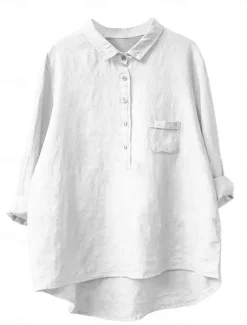 Best Women's Shirt Linen-Inspired Shirts Long Sleeve Shirt Collar White Blue Green Spring & Fall Women Shirts
