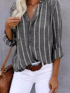 Hot Women's Shirt Linen-Inspired Shirts Button Up Striped Daily Stylish Basic Long Sleeve Shirt Collar Regular Tops Work Daily Holiday Buttons Khaki Dark Gray Light Blue Spring Fall Women Shirts