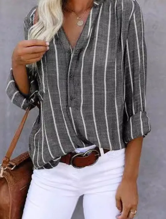 Hot Women's Shirt Linen-Inspired Shirts Button Up Striped Daily Stylish Basic Long Sleeve Shirt Collar Regular Tops Work Daily Holiday Buttons Khaki Dark Gray Light Blue Spring Fall Women Shirts