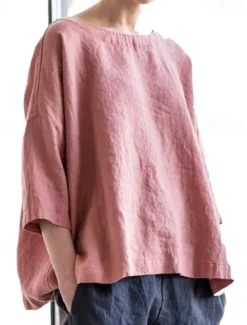 Discount Women's Shirt Linen-Inspired Shirts Blouse Plain Fashion Round Neck Street Daily Sexy Yellow Pink Blue Purple Green Summer Women Shirts
