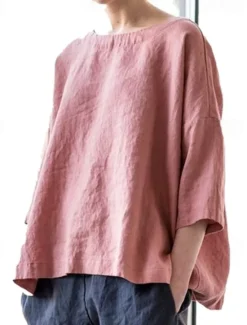 Discount Women's Shirt Linen-Inspired Shirts Blouse Plain Fashion Round Neck Street Daily Sexy Yellow Pink Blue Purple Green Summer Women Shirts