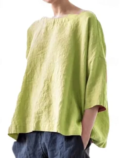 Discount Women's Shirt Linen-Inspired Shirts Blouse Plain Fashion Round Neck Street Daily Sexy Yellow Pink Blue Purple Green Summer Women Shirts