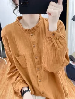 Online Women's Shirt Linen-Inspired Shirts Button Up Long Sleeve High Neck White Purple Orange Spring & Fall Women Shirts