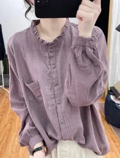 Online Women's Shirt Linen-Inspired Shirts Button Up Long Sleeve High Neck White Purple Orange Spring & Fall Women Shirts
