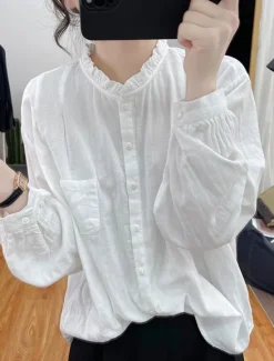 Online Women's Shirt Linen-Inspired Shirts Button Up Long Sleeve High Neck White Purple Orange Spring & Fall Women Shirts