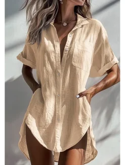 Discount Women's Shirt Linen-Inspired Shirts Button Up Blouse Plain Basic Modern Short Sleeve Shirt Collar Long Tops Holiday Going out Buttons Pocket Asymmetric Black White Apricot Summer Women Shirts
