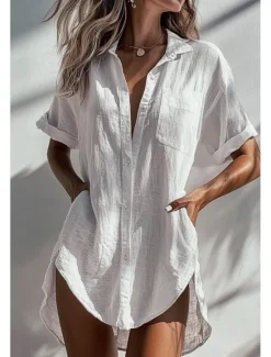 Discount Women's Shirt Linen-Inspired Shirts Button Up Blouse Plain Basic Modern Short Sleeve Shirt Collar Long Tops Holiday Going out Buttons Pocket Asymmetric Black White Apricot Summer Women Shirts