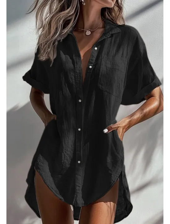 Discount Women's Shirt Linen-Inspired Shirts Button Up Blouse Plain Basic Modern Short Sleeve Shirt Collar Long Tops Holiday Going out Buttons Pocket Asymmetric Black White Apricot Summer Women Shirts