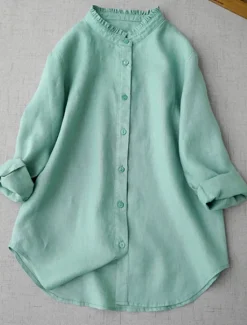 Sale Women's Shirt Linen-Inspired Shirts Button Up Daily Long Sleeve V Neck White Green Spring & Fall Women Shirts
