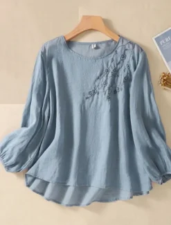 Outlet Women's Shirt Linen-Inspired Shirts Blouse Floral Stylish Casual Long Sleeve Crew Neck Regular Tops Daily Embroidered White Army Green Red Blue Summer Spring Fall Women Shirts|Spring Tops