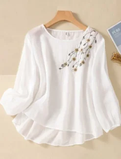 Outlet Women's Shirt Linen-Inspired Shirts Blouse Floral Stylish Casual Long Sleeve Crew Neck Regular Tops Daily Embroidered White Army Green Red Blue Summer Spring Fall Women Shirts|Spring Tops