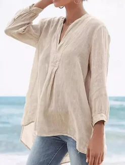 Online Women's Shirt Linen-Inspired Shirts Plain Daily Stylish Basic 3/4 Length Sleeve V Neck Regular Tops Work Daily Holiday Black White Beige Spring Fall Women Shirts
