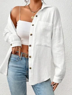Sale Women's Shirt Linen-Inspired Shirts Button Up Plain Daily Stylish Basic Long Sleeve Batwing Sleeve Shirt Collar Regular Tops Work Daily Holiday Buttons Pocket White Yellow Blue Spring Fall Women Shirts