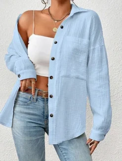 Sale Women's Shirt Linen-Inspired Shirts Button Up Plain Daily Stylish Basic Long Sleeve Batwing Sleeve Shirt Collar Regular Tops Work Daily Holiday Buttons Pocket White Yellow Blue Spring Fall Women Shirts