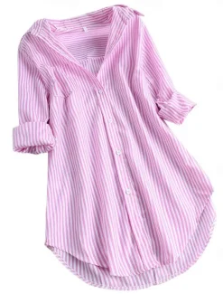 Hot Women's Shirt Linen-Inspired Shirts Button Up Blouse Striped Casual Long Sleeve Shirt Collar Long Tops Daily Buttons Print Black Pink Red Navy Blue Blue Spring & Fall Women Shirts