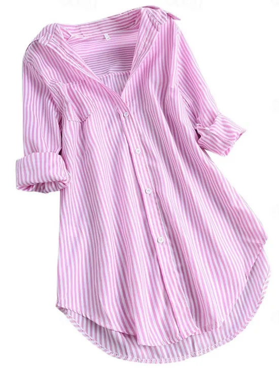 Hot Women's Shirt Linen-Inspired Shirts Button Up Blouse Striped Casual Long Sleeve Shirt Collar Long Tops Daily Buttons Print Black Pink Red Navy Blue Blue Spring & Fall Women Shirts