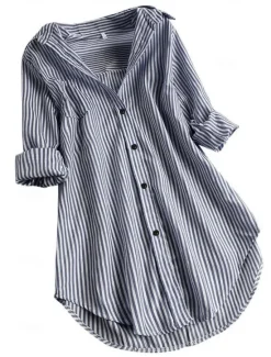 Hot Women's Shirt Linen-Inspired Shirts Button Up Blouse Striped Casual Long Sleeve Shirt Collar Long Tops Daily Buttons Print Black Pink Red Navy Blue Blue Spring & Fall Women Shirts