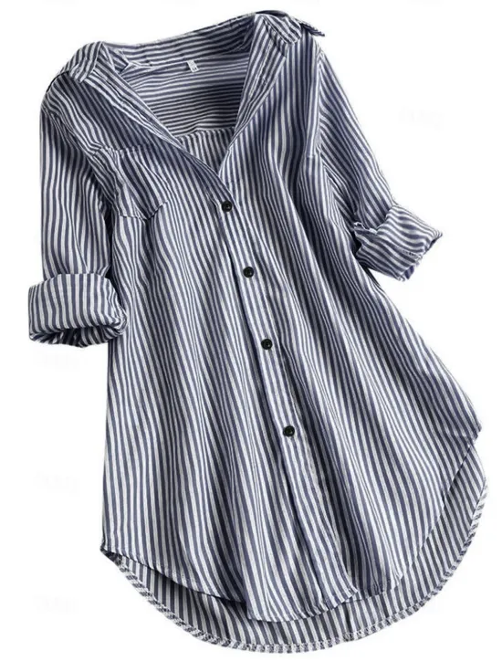 Hot Women's Shirt Linen-Inspired Shirts Button Up Blouse Striped Casual Long Sleeve Shirt Collar Long Tops Daily Buttons Print Black Pink Red Navy Blue Blue Spring & Fall Women Shirts