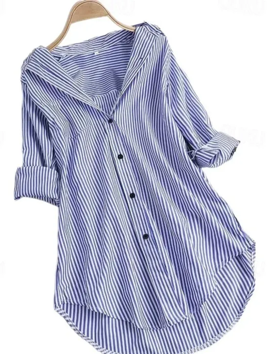 Hot Women's Shirt Linen-Inspired Shirts Button Up Blouse Striped Casual Long Sleeve Shirt Collar Long Tops Daily Buttons Print Black Pink Red Navy Blue Blue Spring & Fall Women Shirts