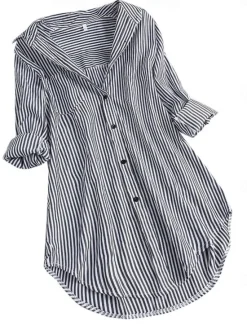 Hot Women's Shirt Linen-Inspired Shirts Button Up Blouse Striped Casual Long Sleeve Shirt Collar Long Tops Daily Buttons Print Black Pink Red Navy Blue Blue Spring & Fall Women Shirts