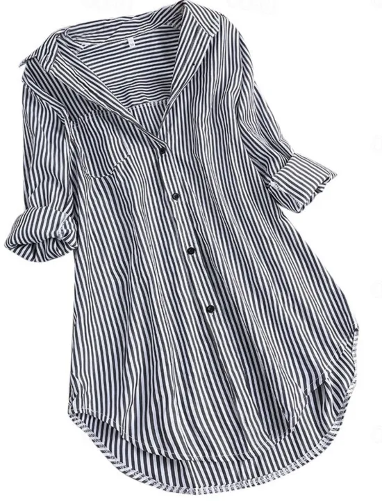 Hot Women's Shirt Linen-Inspired Shirts Button Up Blouse Striped Casual Long Sleeve Shirt Collar Long Tops Daily Buttons Print Black Pink Red Navy Blue Blue Spring & Fall Women Shirts