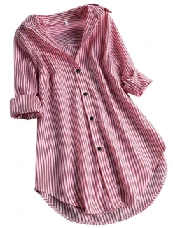 Hot Women's Shirt Linen-Inspired Shirts Button Up Blouse Striped Casual Long Sleeve Shirt Collar Long Tops Daily Buttons Print Black Pink Red Navy Blue Blue Spring & Fall Women Shirts