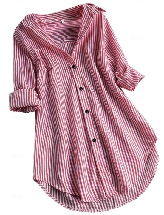 Hot Women's Shirt Linen-Inspired Shirts Button Up Blouse Striped Casual Long Sleeve Shirt Collar Long Tops Daily Buttons Print Black Pink Red Navy Blue Blue Spring & Fall Women Shirts