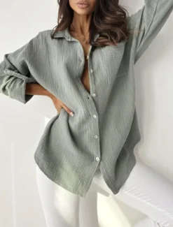 Outlet Women's Shirt Linen-Inspired Shirts Button Up Blouse Plain Fashion Shirt Collar Street Daily Buttons Pocket Pink Red Blue Orange Gray Summer Women Shirts