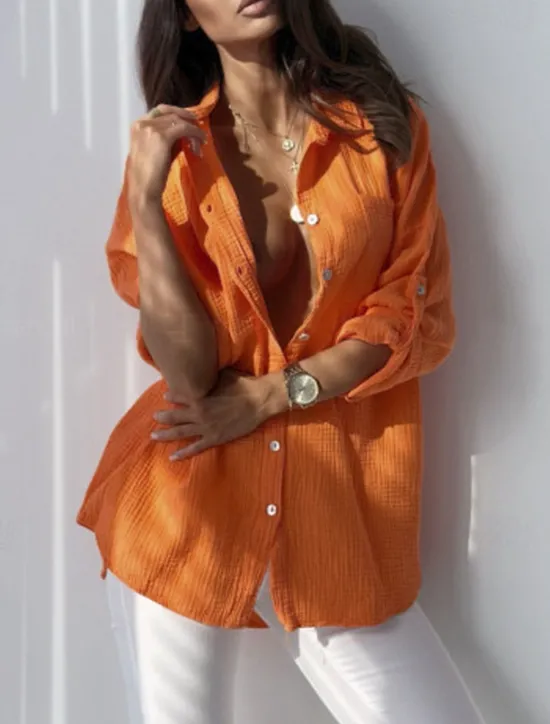 Outlet Women's Shirt Linen-Inspired Shirts Button Up Blouse Plain Fashion Shirt Collar Street Daily Buttons Pocket Pink Red Blue Orange Gray Summer Women Shirts