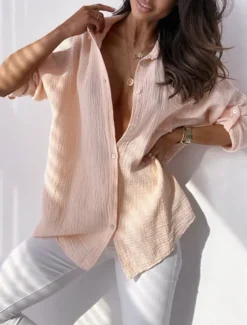 Outlet Women's Shirt Linen-Inspired Shirts Button Up Blouse Plain Fashion Shirt Collar Street Daily Buttons Pocket Pink Red Blue Orange Gray Summer Women Shirts