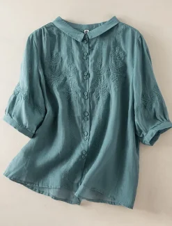 New Women's Shirt Linen-Inspired Shirts Button Up Solid Color Floral Casual Boho 3/4 Length Sleeve Elbow Sleeve Shirt Collar Regular Tops Daily Going out Embroidered Yellow Blue Purple Khaki Summer Women Shirts