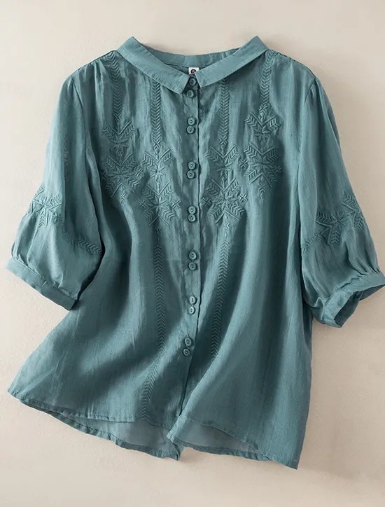 New Women's Shirt Linen-Inspired Shirts Button Up Solid Color Floral Casual Boho 3/4 Length Sleeve Elbow Sleeve Shirt Collar Regular Tops Daily Going out Embroidered Yellow Blue Purple Khaki Summer Women Shirts