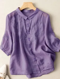 New Women's Shirt Linen-Inspired Shirts Button Up Solid Color Floral Casual Boho 3/4 Length Sleeve Elbow Sleeve Shirt Collar Regular Tops Daily Going out Embroidered Yellow Blue Purple Khaki Summer Women Shirts