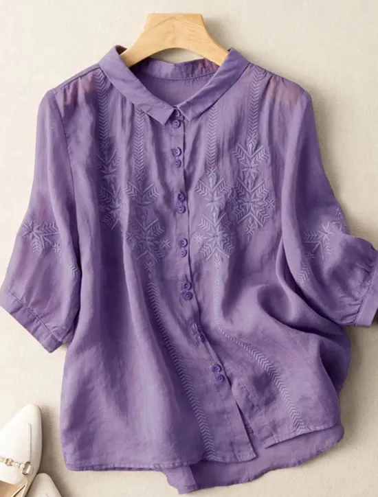 New Women's Shirt Linen-Inspired Shirts Button Up Solid Color Floral Casual Boho 3/4 Length Sleeve Elbow Sleeve Shirt Collar Regular Tops Daily Going out Embroidered Yellow Blue Purple Khaki Summer Women Shirts
