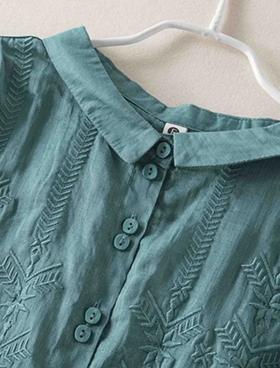 New Women's Shirt Linen-Inspired Shirts Button Up Solid Color Floral Casual Boho 3/4 Length Sleeve Elbow Sleeve Shirt Collar Regular Tops Daily Going out Embroidered Yellow Blue Purple Khaki Summer Women Shirts