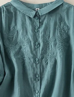 New Women's Shirt Linen-Inspired Shirts Button Up Solid Color Floral Casual Boho 3/4 Length Sleeve Elbow Sleeve Shirt Collar Regular Tops Daily Going out Embroidered Yellow Blue Purple Khaki Summer Women Shirts